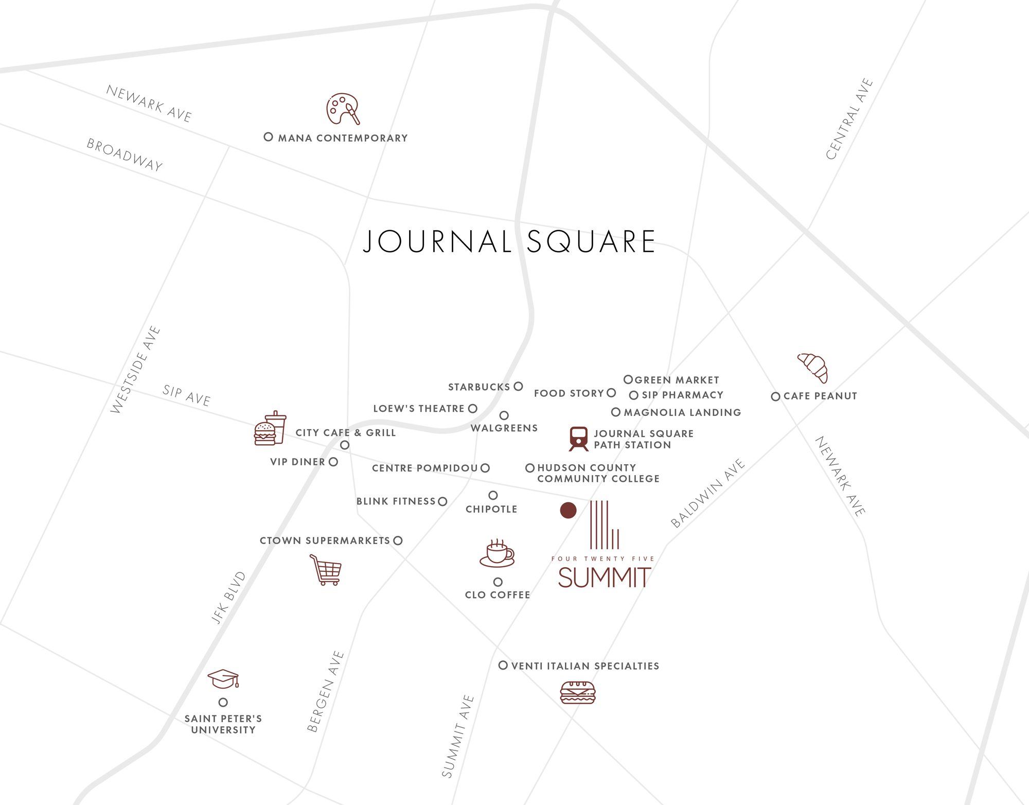 Map showing 425 Summit in Journal Square and nearby PATH Station