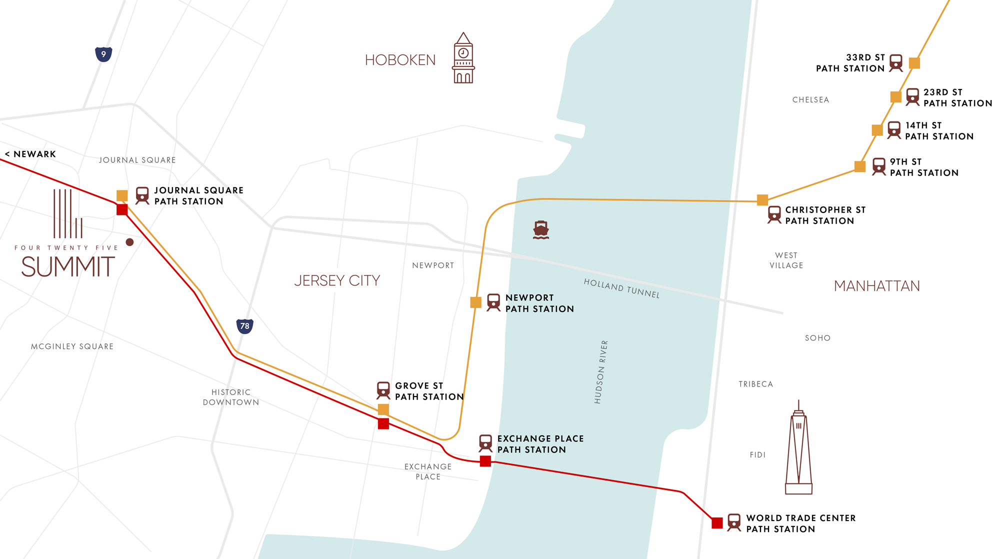 Transportation Map showing 425 Summit near Journal Square Path Station and other Path stops in NJ and Manhattan